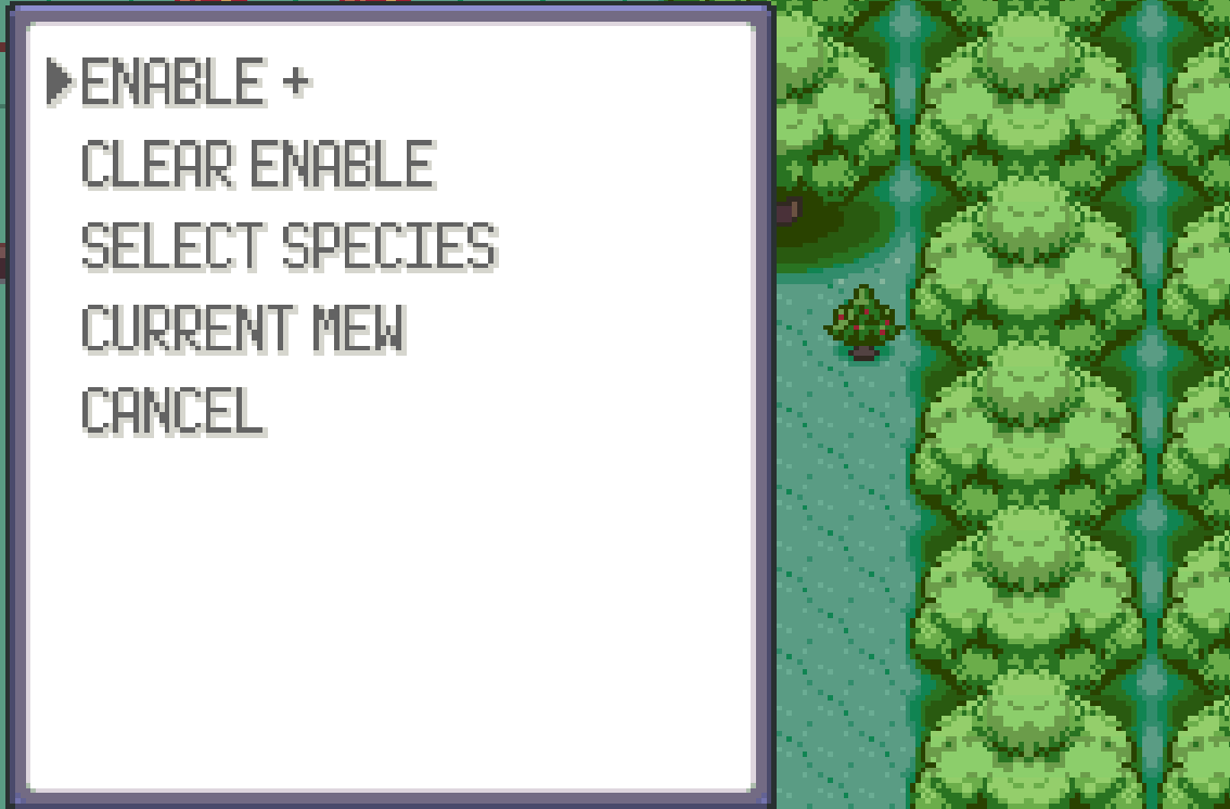 In-game NEXT WILD menu with options: Enable, Clear Enable, Select Species, Current Mew, Cancel