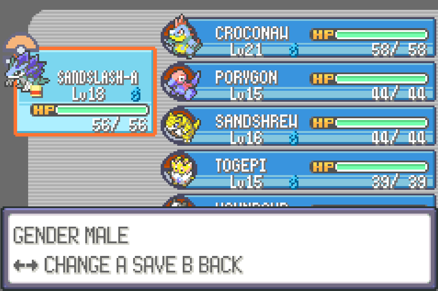 Gender editor showing SANDSLASH-A (Alolan Sandslash) as GENDER MALE with party list and LR CHANGE A SAVE B BACK controls