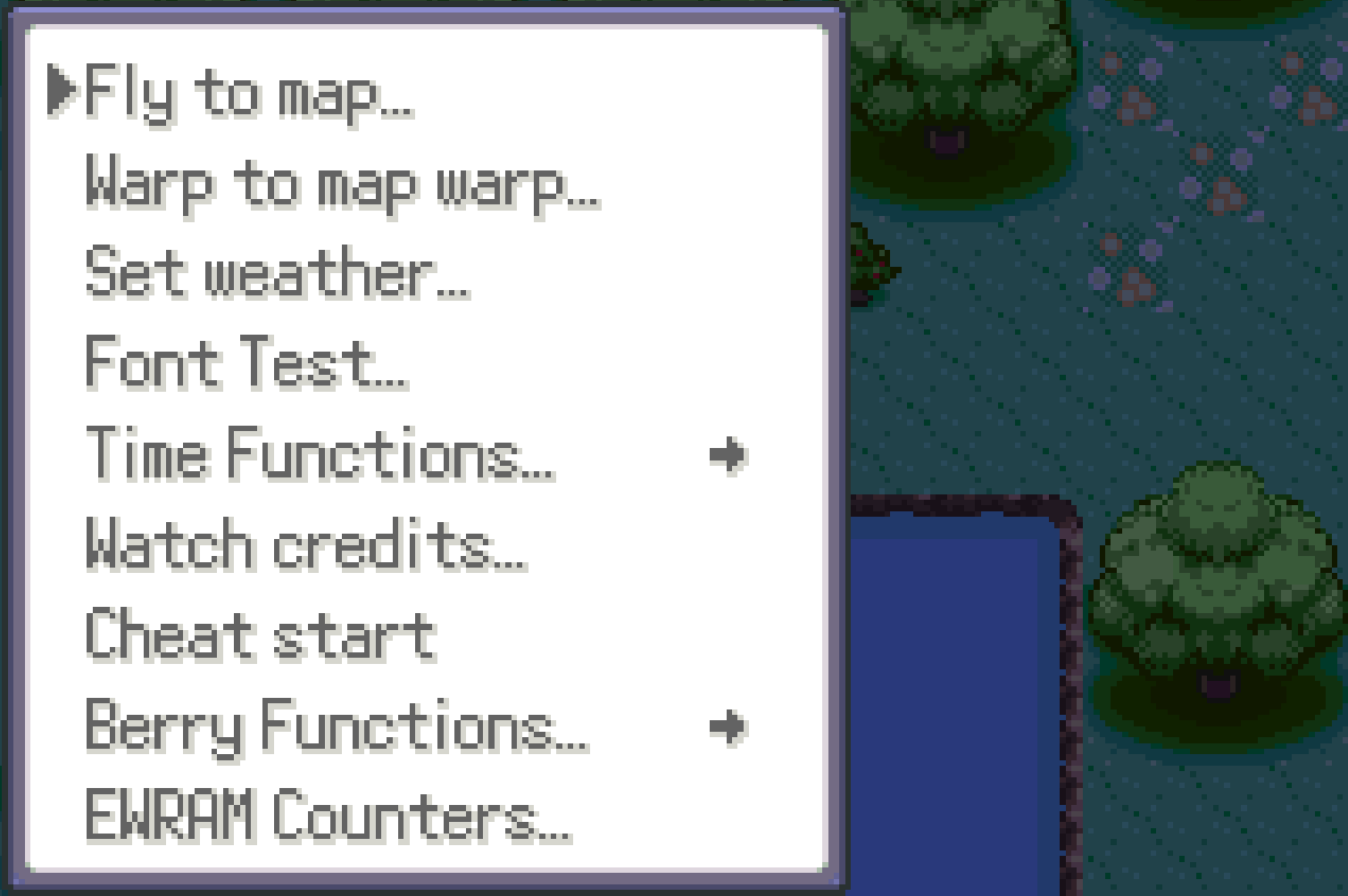 Utilities submenu showing Fly to map, Warp to map warp, Set weather, Font Test, Time Functions, Watch credits, Cheat start, Berry Functions, EWRAM Counters