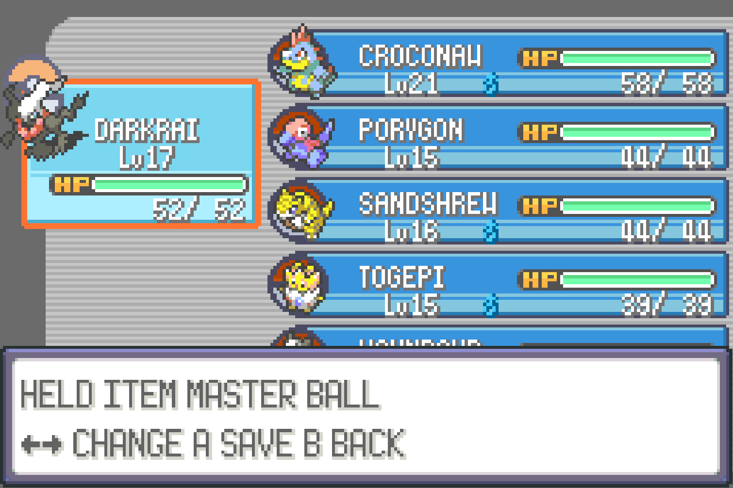 Held item editor showing DARKRAI holding a MASTER BALL with party list