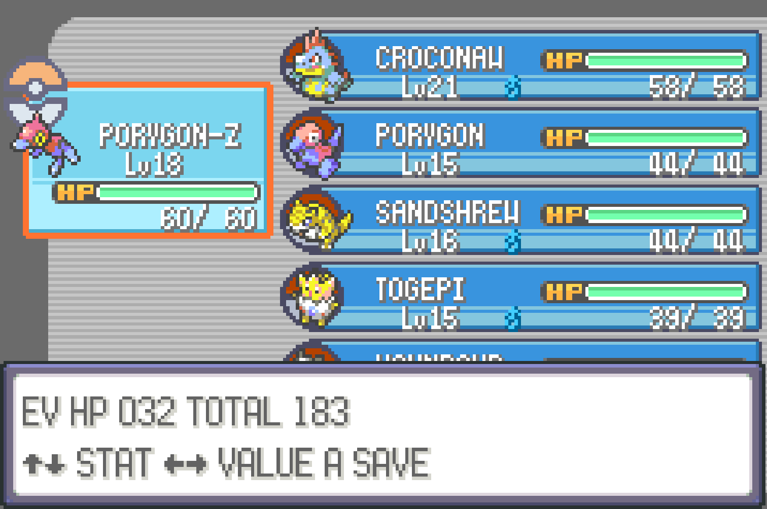 EV editor showing PORYGON-Z with EV HP 032 TOTAL 183 and STAT LR VALUE A SAVE controls