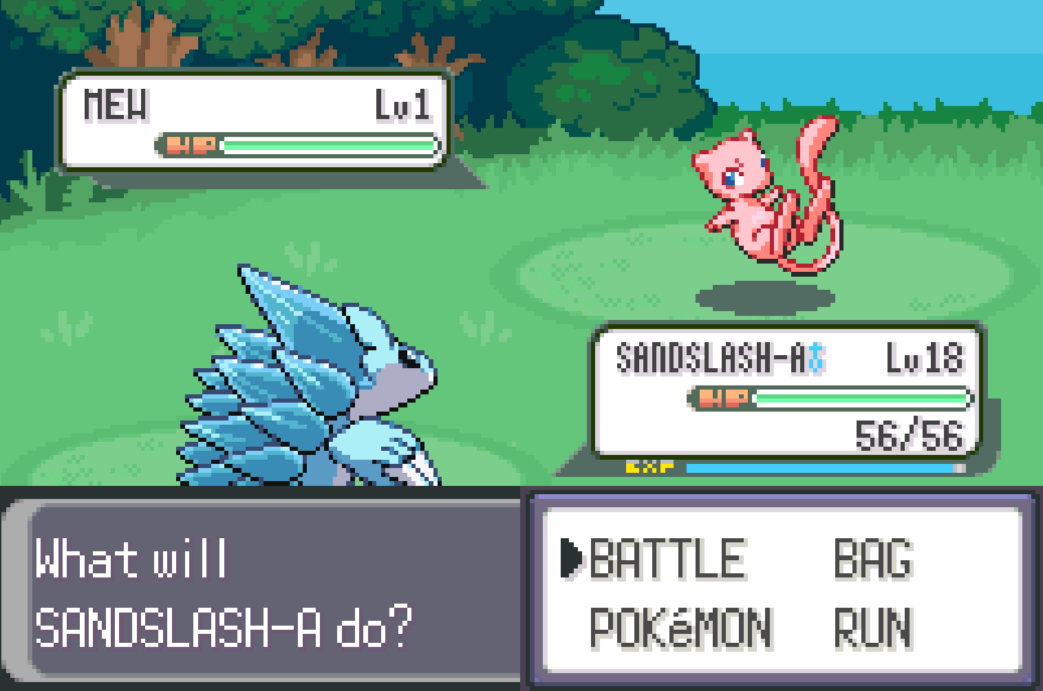 Wild Lv1 Mew battle encounter triggered by the NEXT WILD menu